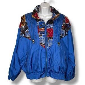 Vintage River Edge Quilted Colorblock Blue Puffy Jacket Funnel Neck Women Large
